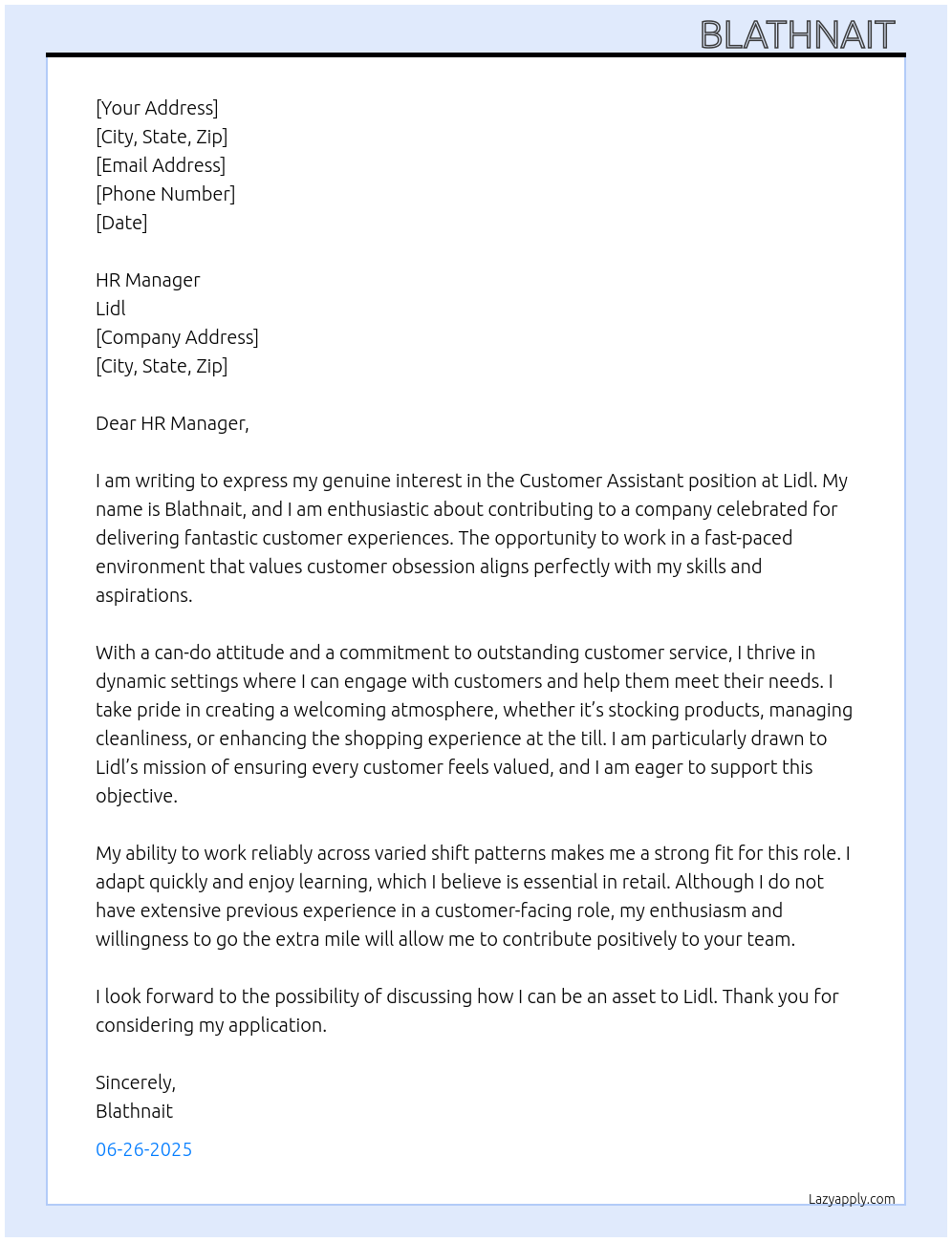 customer assistant At lidl Cover Letter