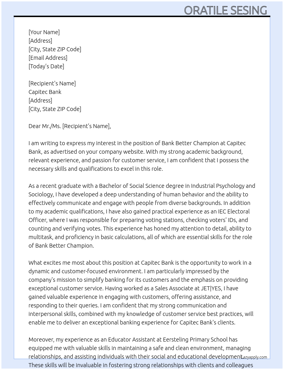 bank better champion At capitec bank  Cover Letter