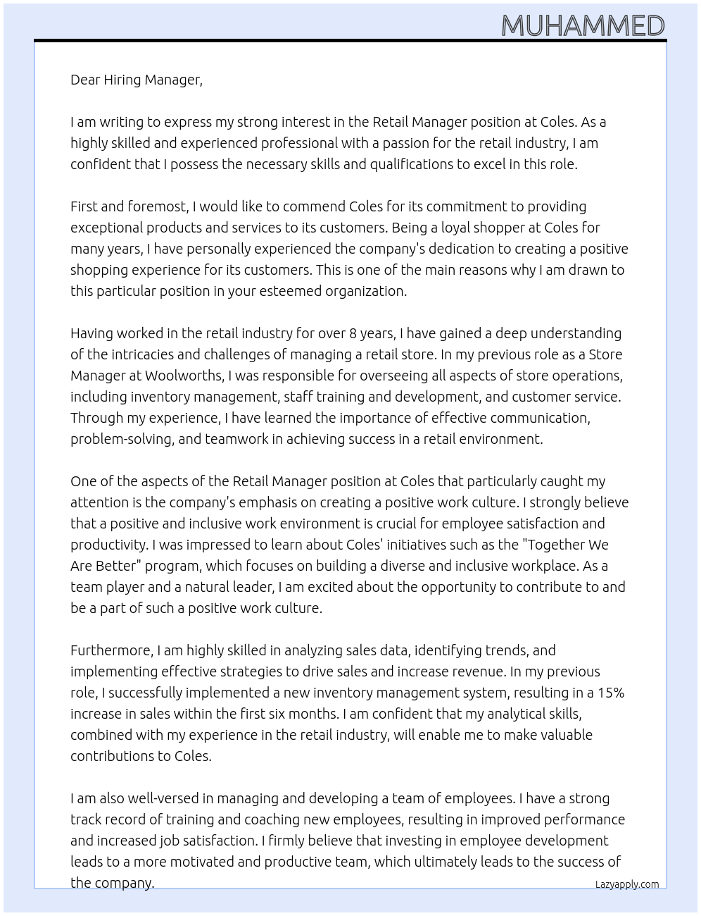 retail manager At Coles Cover Letter