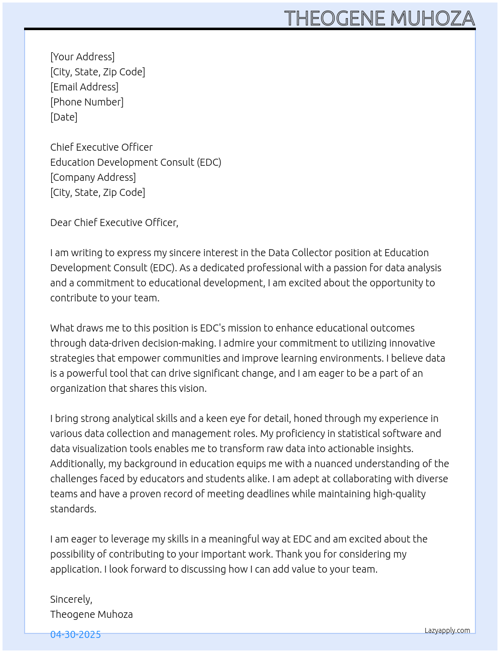 DATA COLLECTOR At Education Development Consult (EDC) Cover Letter