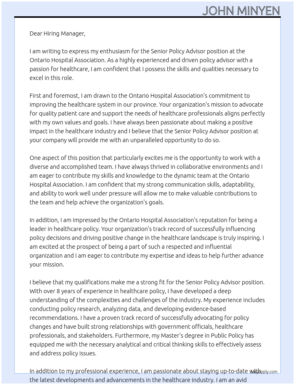 Senior Policy Advisor At Ontario Hospital Association Cover Letter