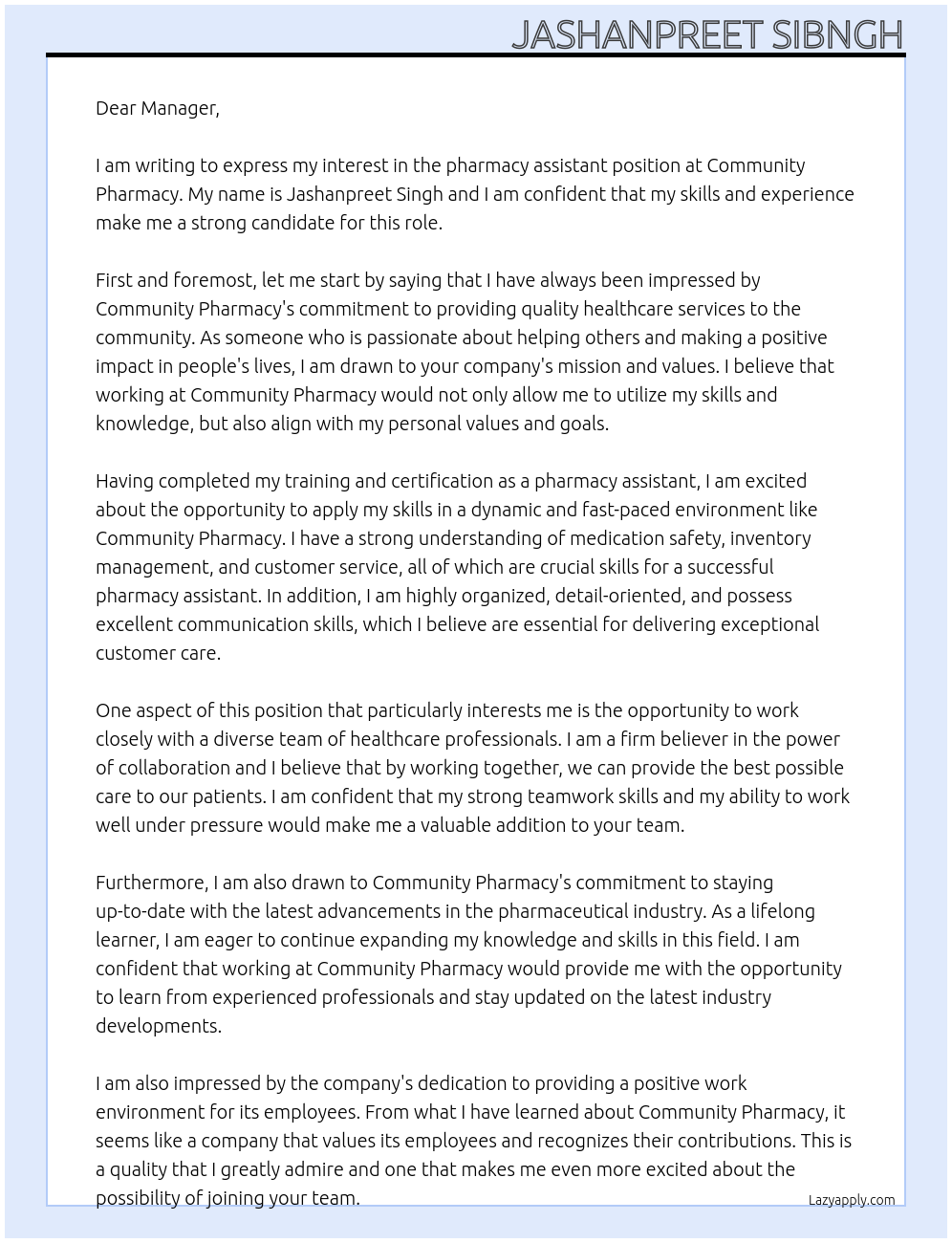 pharmacy assistant At community pharmacy Cover Letter