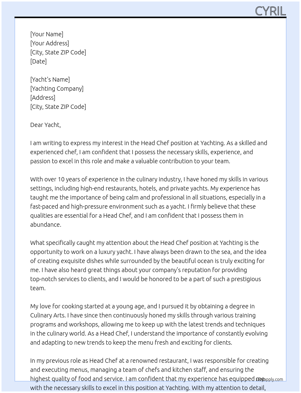 Head chef At Yachting Cover Letter
