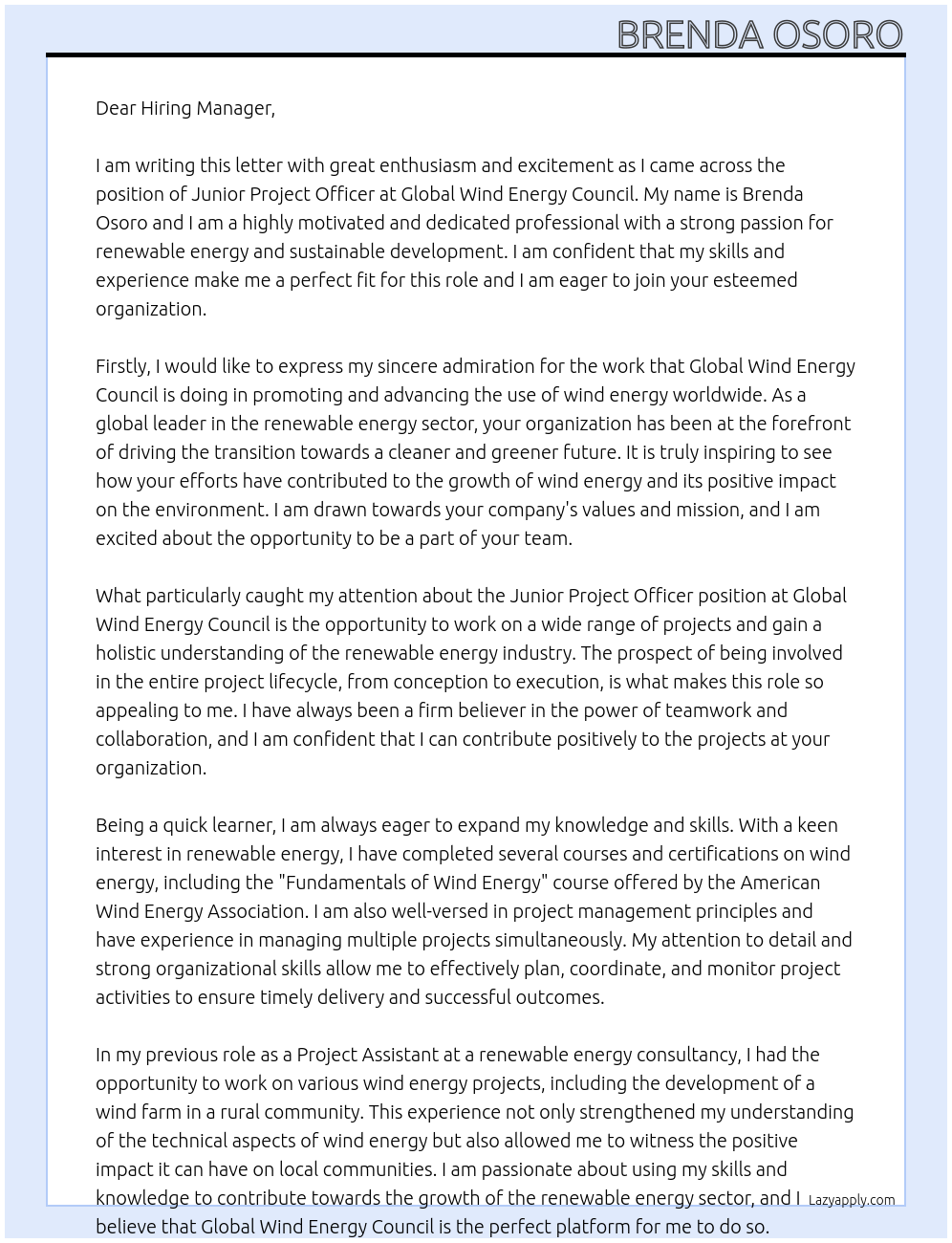 Junior Project Officer At Global Wind Energy Council  Cover Letter