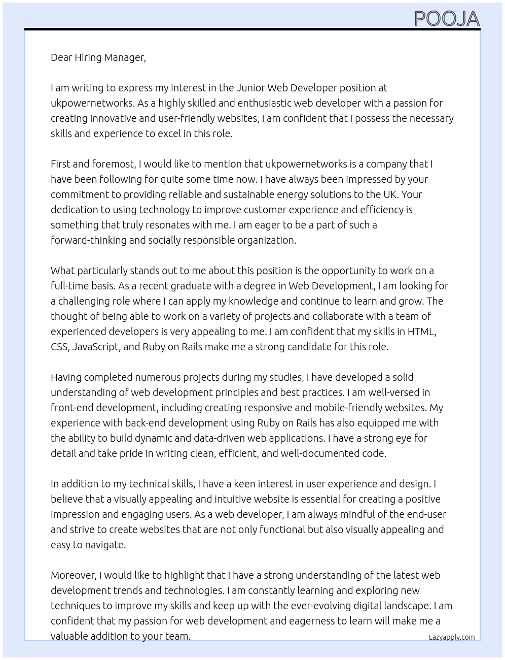 Junior Web Developer At ukpowernetworks Cover Letter