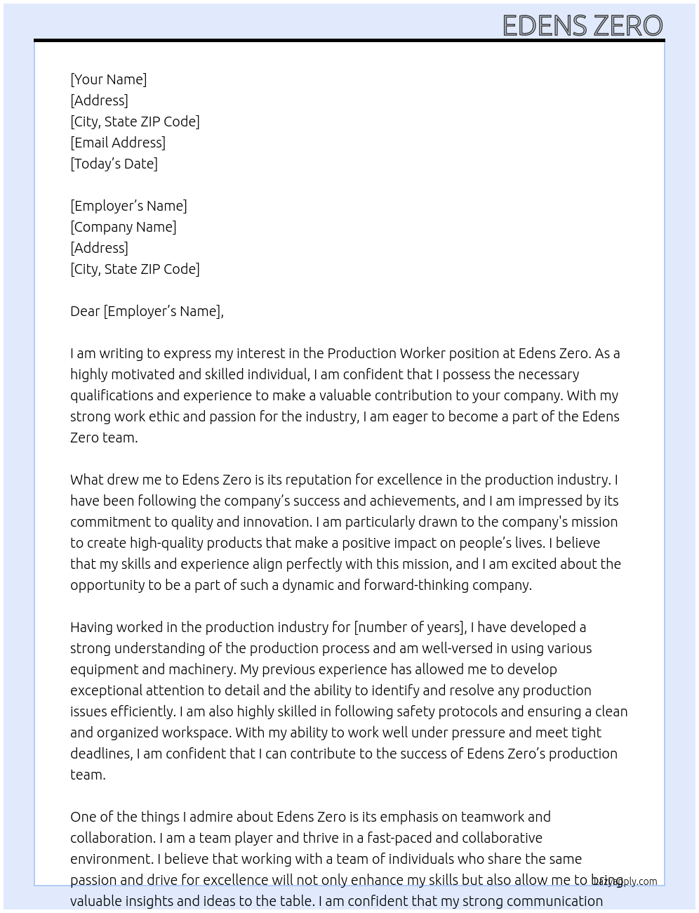 Production Worker At Edens Zero Cover Letter