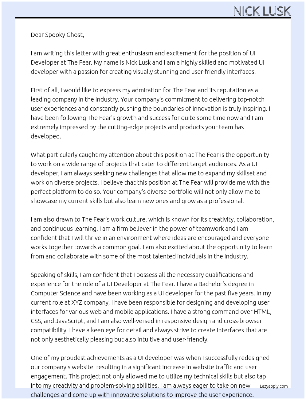 UI Developer At The Fear Cover Letter