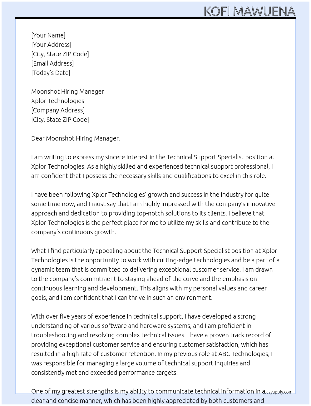 Technical Support Specialist At Xplor Technologies Cover Letter