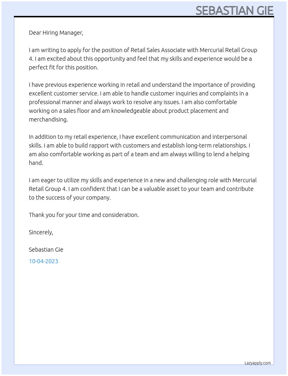 Retail Sales Associates At Mercurial Retail Group 4 Cover Letter