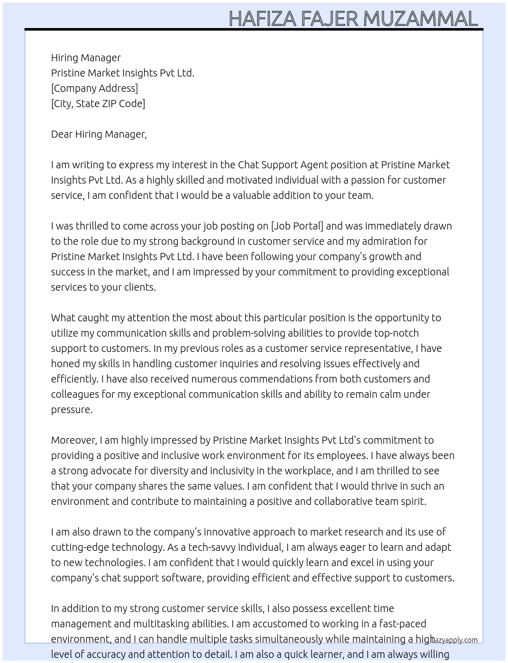 Chat Support Agent At Pristine Market Insights Pvt Ltd.  Cover Letter