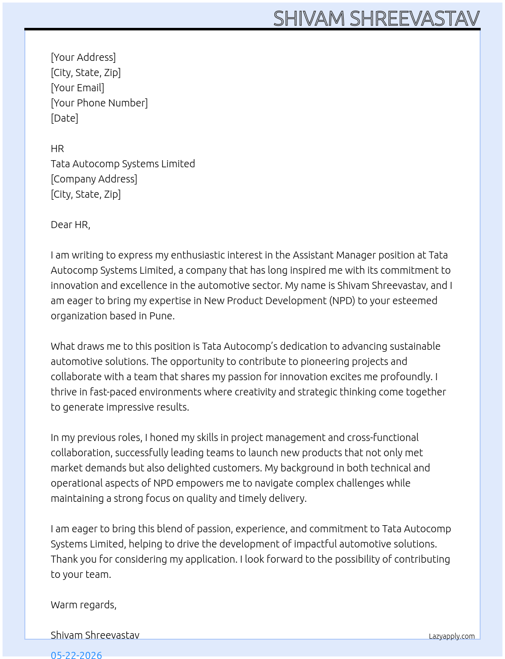 ASSISTANT MANAGER  At Tata Autocomp systems limited  Cover Letter