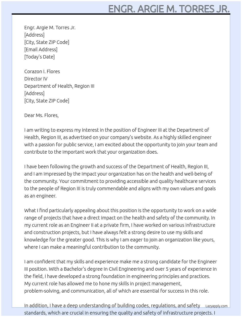 Engineer III At Department of Health, Region III Cover Letter