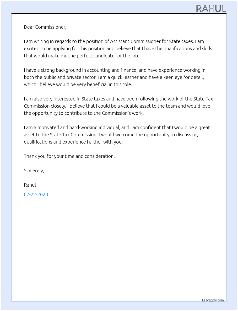 Assistant At State taxes Cover Letter