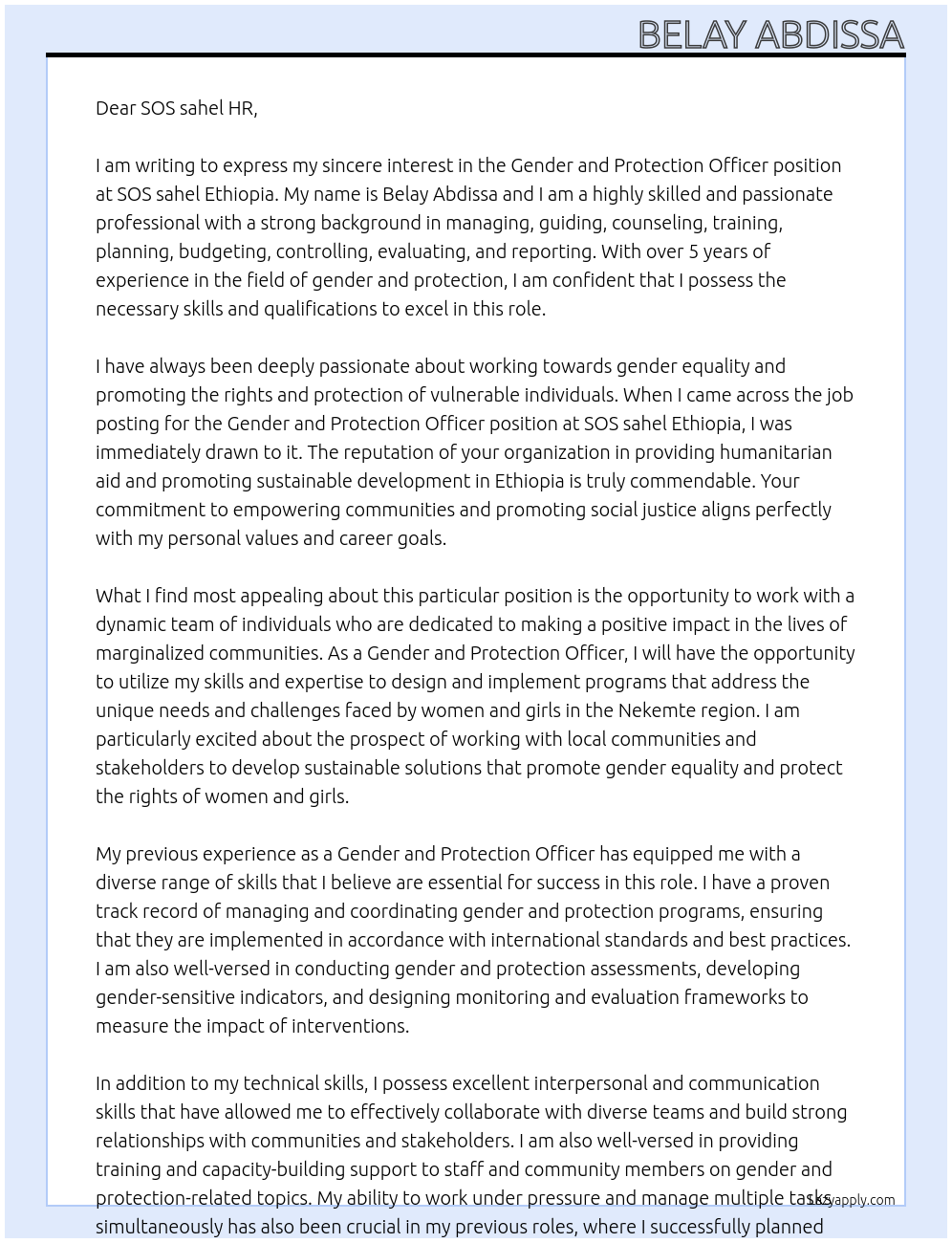 Gender and Protection officer At SOS sahel Ethiopia Cover Letter