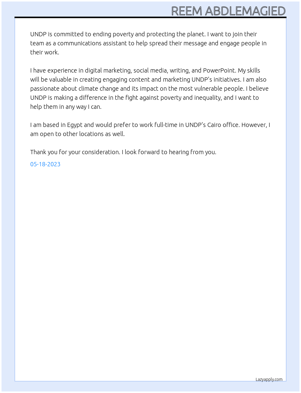 Communication Assistant At UNDP Cover Letter