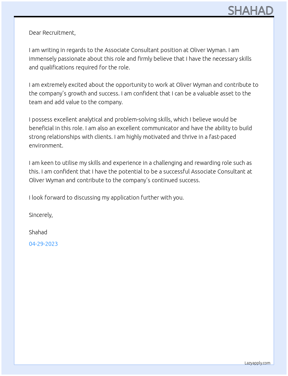 Associate Consultant At Oliver Wyman Cover Letter