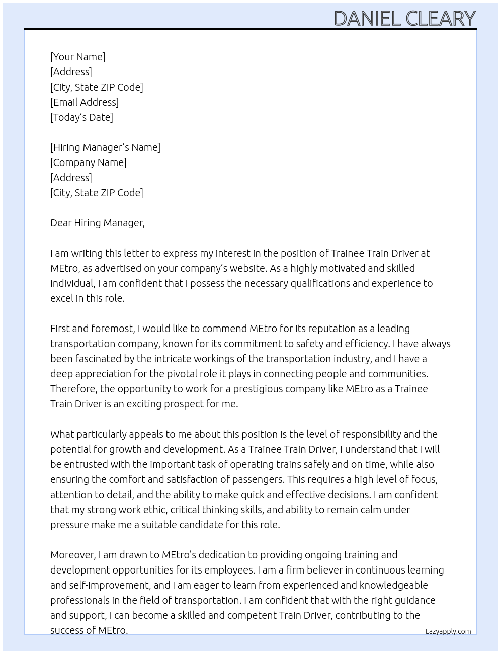 Cover letter for trainee train driver - LazyApply