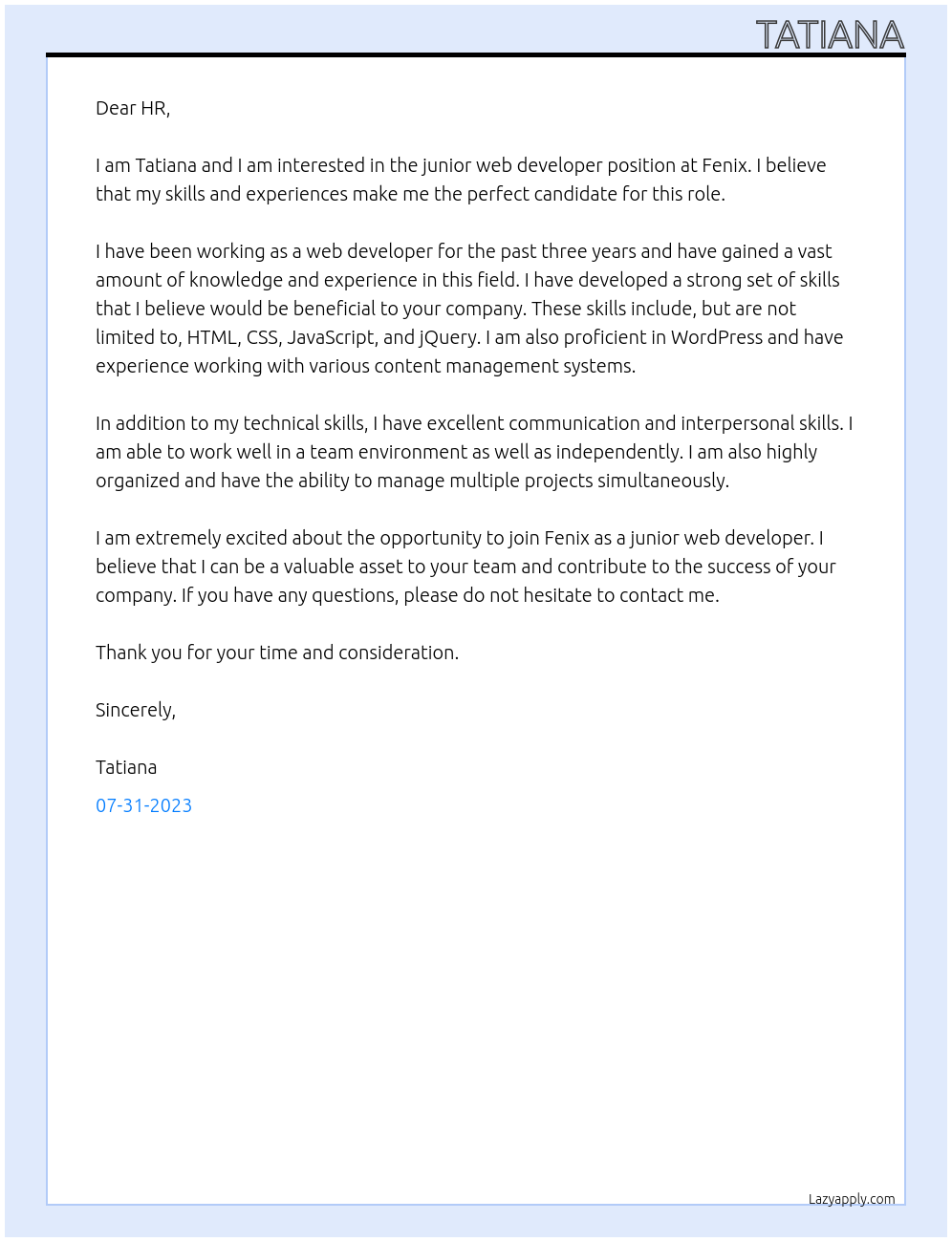 junior web developer At Fenix Cover Letter