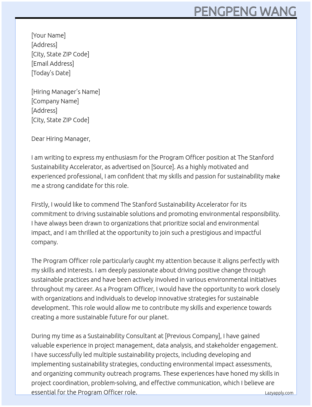 Program Officer At The Stanford Sustainability Accelerator Cover Letter