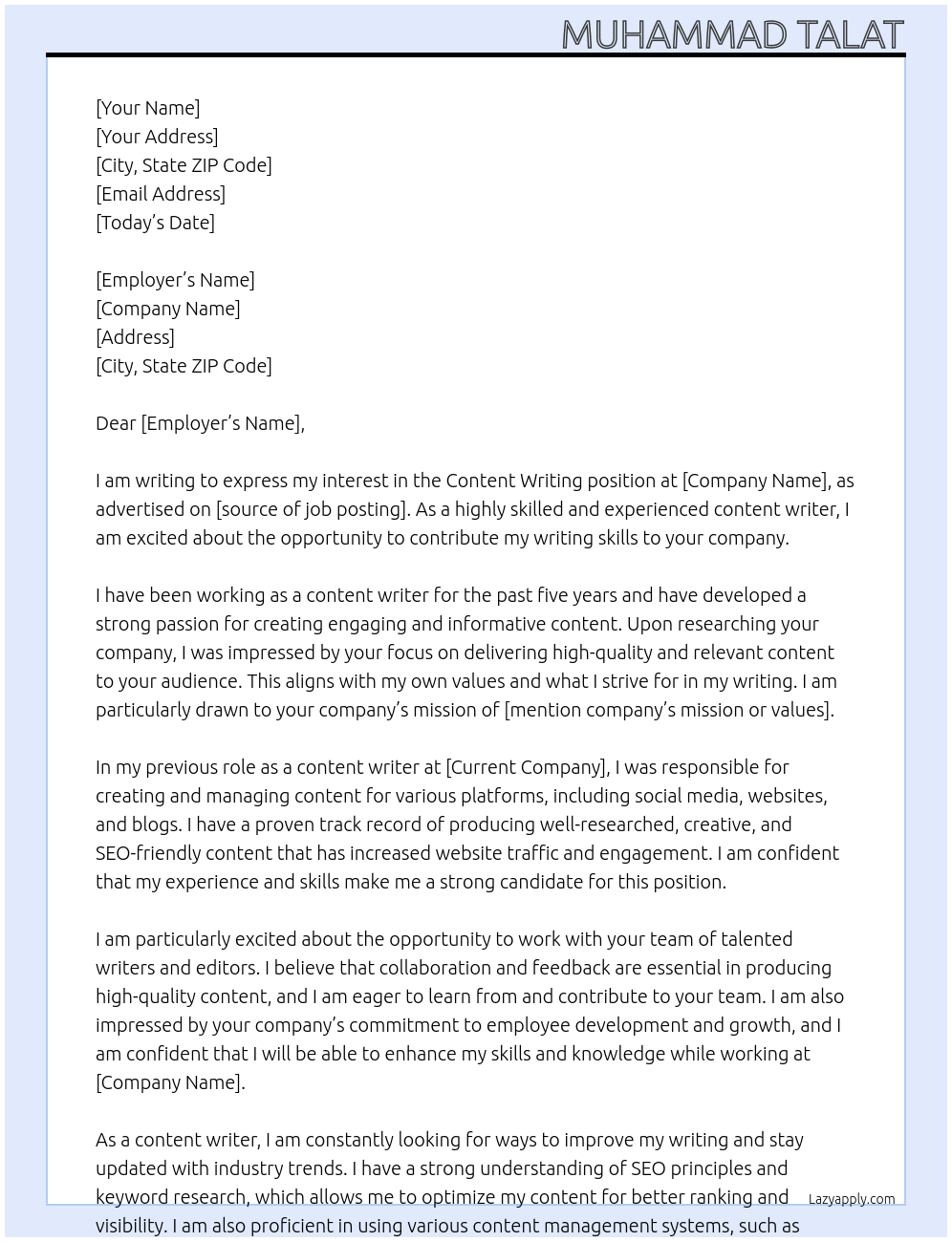 Content Writing At muhammad talat Cover Letter