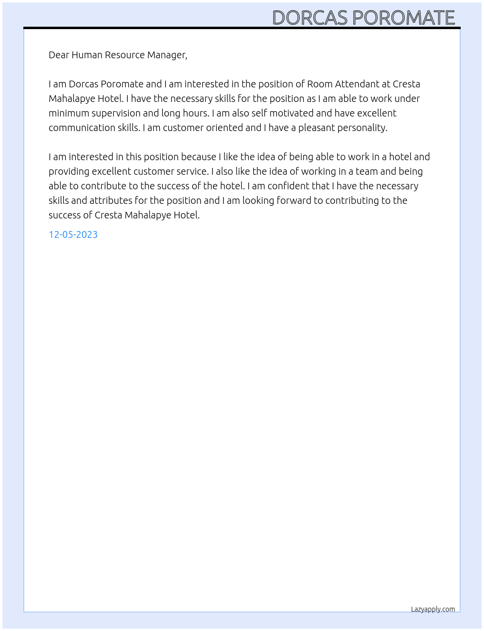Room Attendant  At Cresta Mahalapye Hotel Cover Letter