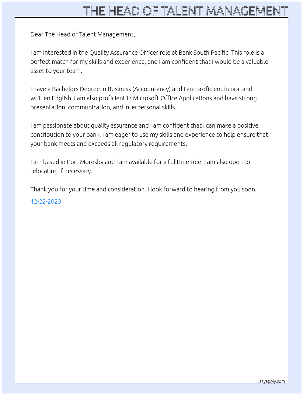 Quality Assurance Officer At Bank South Pacific Cover Letter