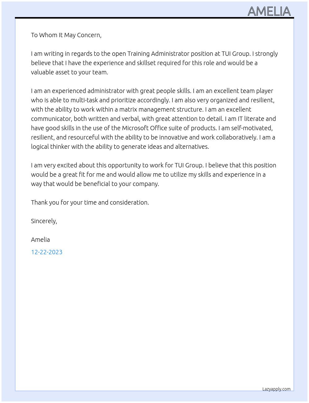 Training administrator At TUI Group Cover Letter