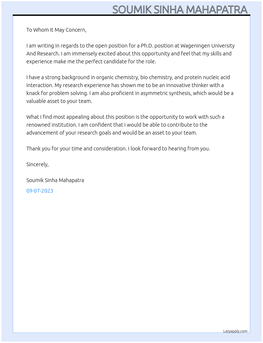 Ph.D At Wageningen University And Research Cover Letter