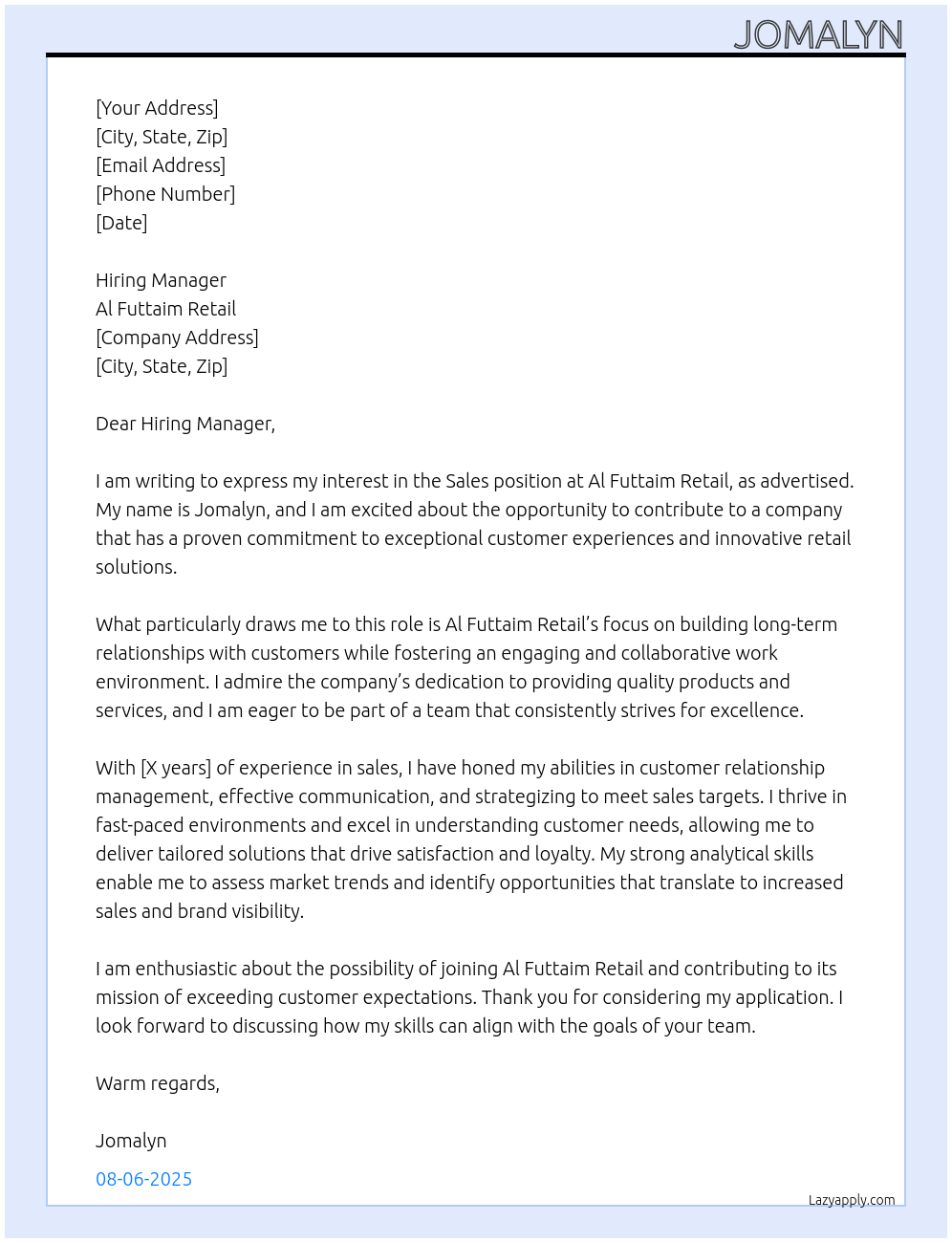 sales At al futtaim retail Cover Letter