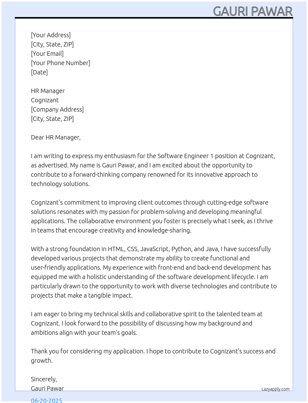 Software Engineer 1 At Cognizant Cover Letter