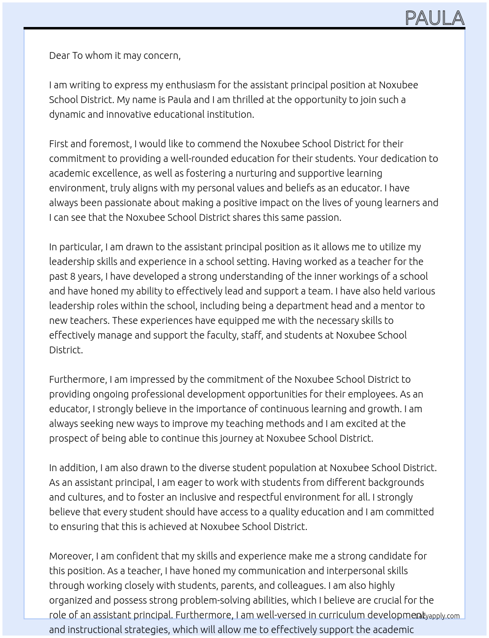 assistant principal At Noxubee School District Cover Letter
