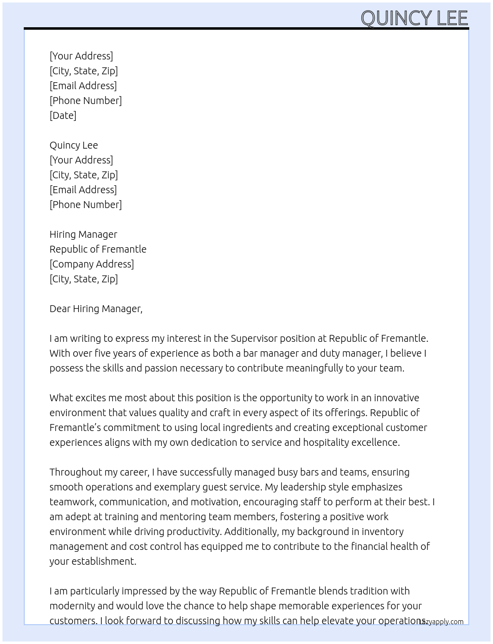 Supervisor At Republic of Fremantle Cover Letter