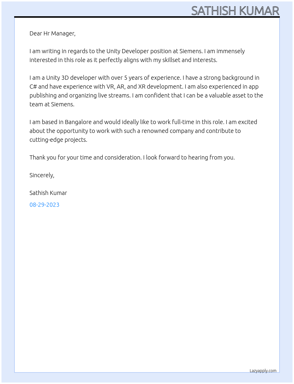 unity developer At siemens Cover Letter