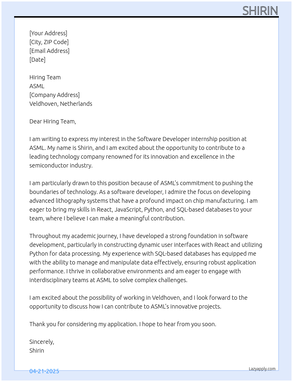 software developer At ASML Cover Letter