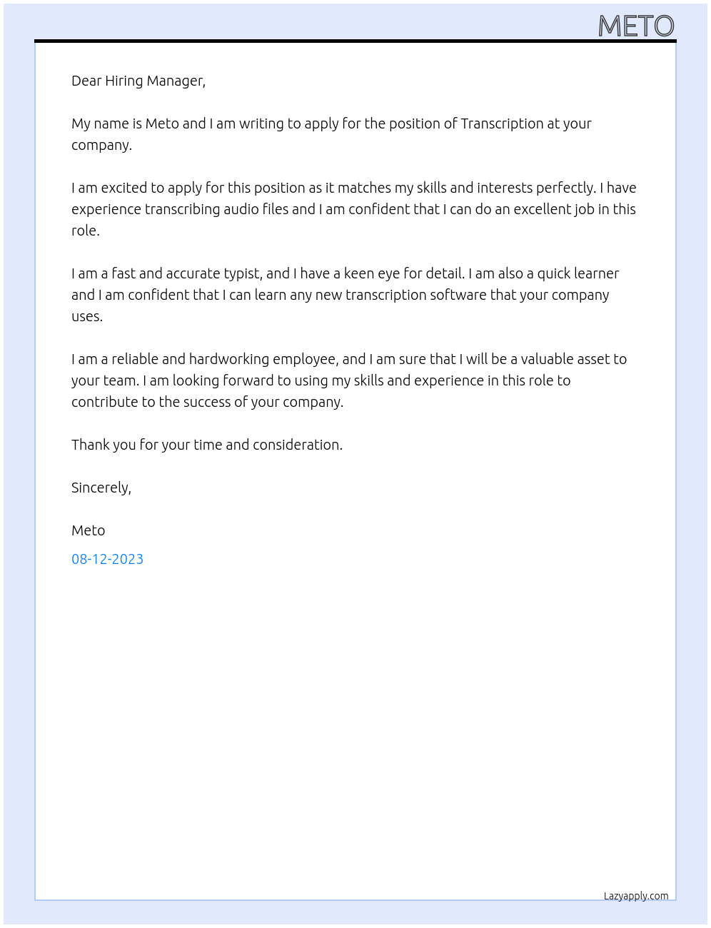 Transcription At Company Cover Letter