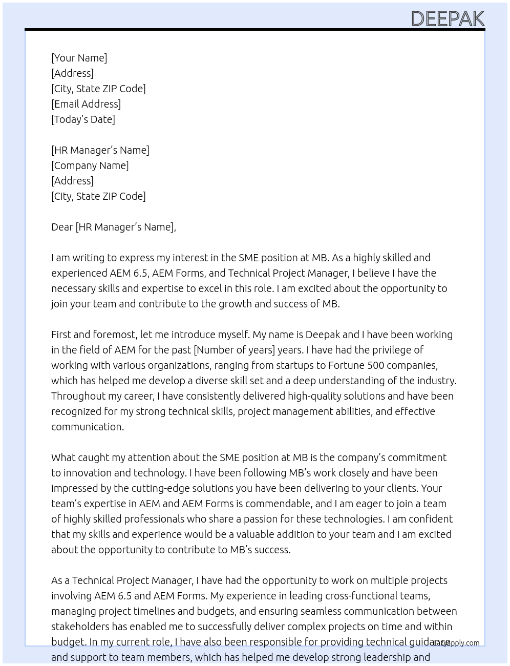 SME At MB Cover Letter