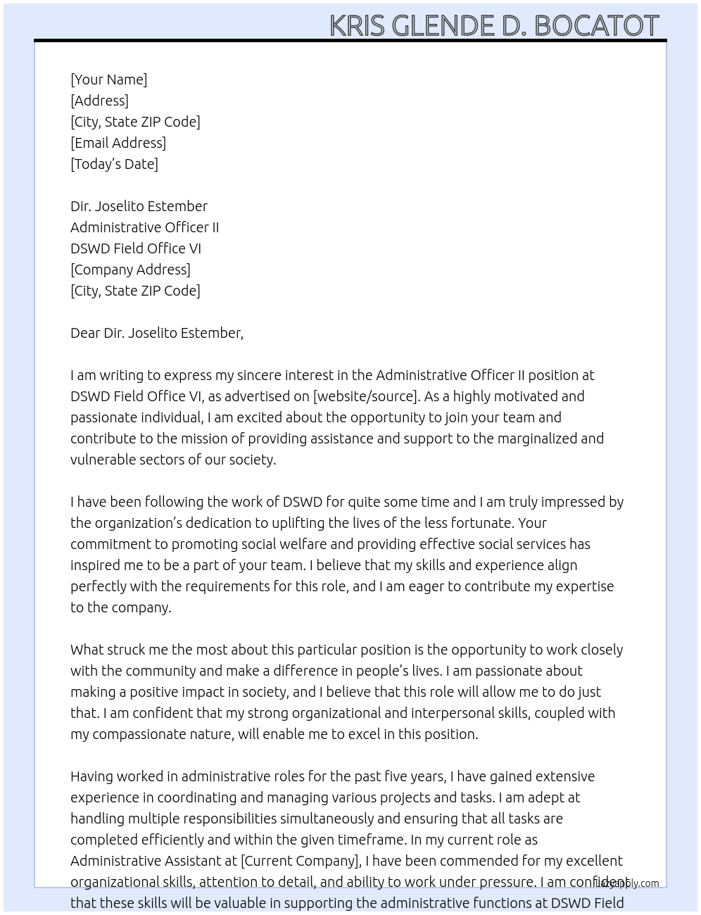 ADMINISTRATIVE OFFICER II At DSWD FIELD OFFICE VI Cover Letter