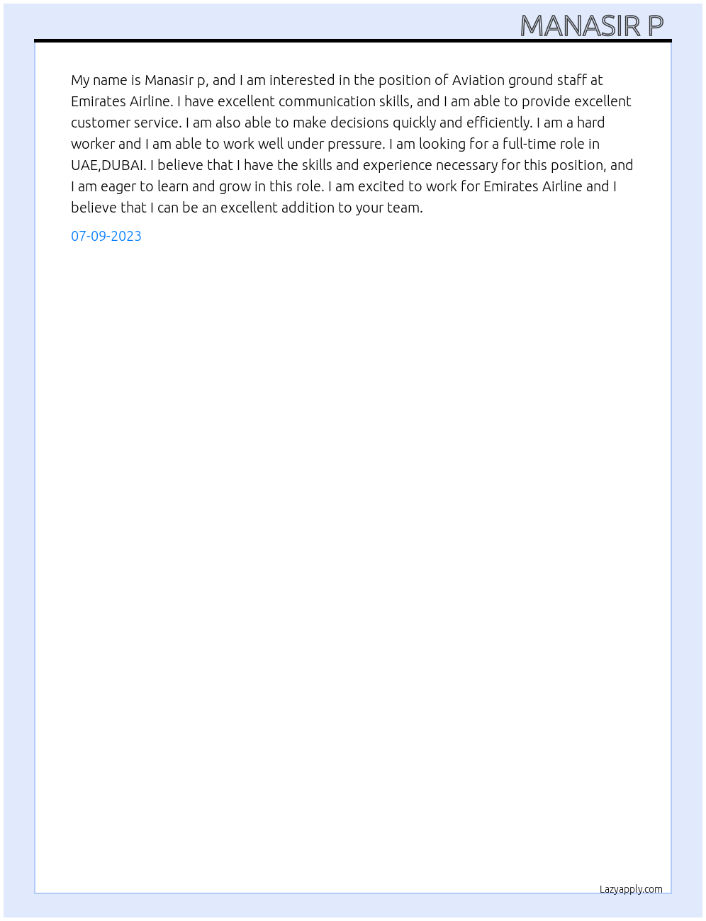 Aviation ground staff  At Emirates Airline  Cover Letter