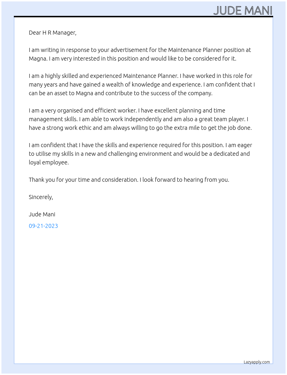 Maintenance Planner At Magna Cover Letter