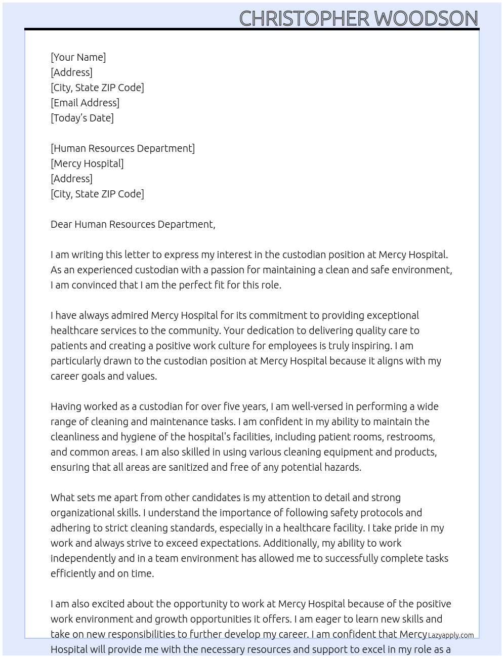 custodian At Mercy Hospital Cover Letter