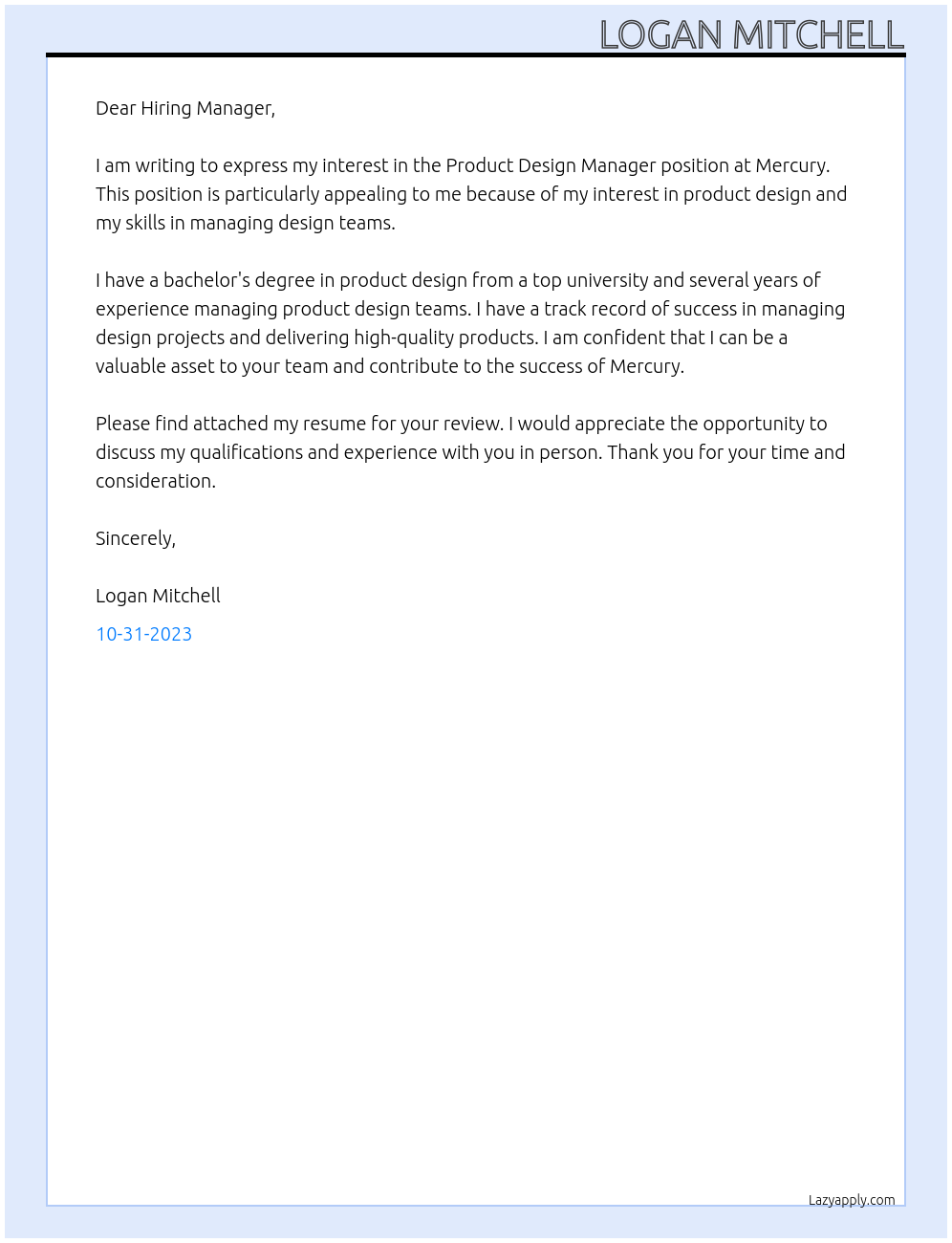 Product Design Manager At Mercury Cover Letter