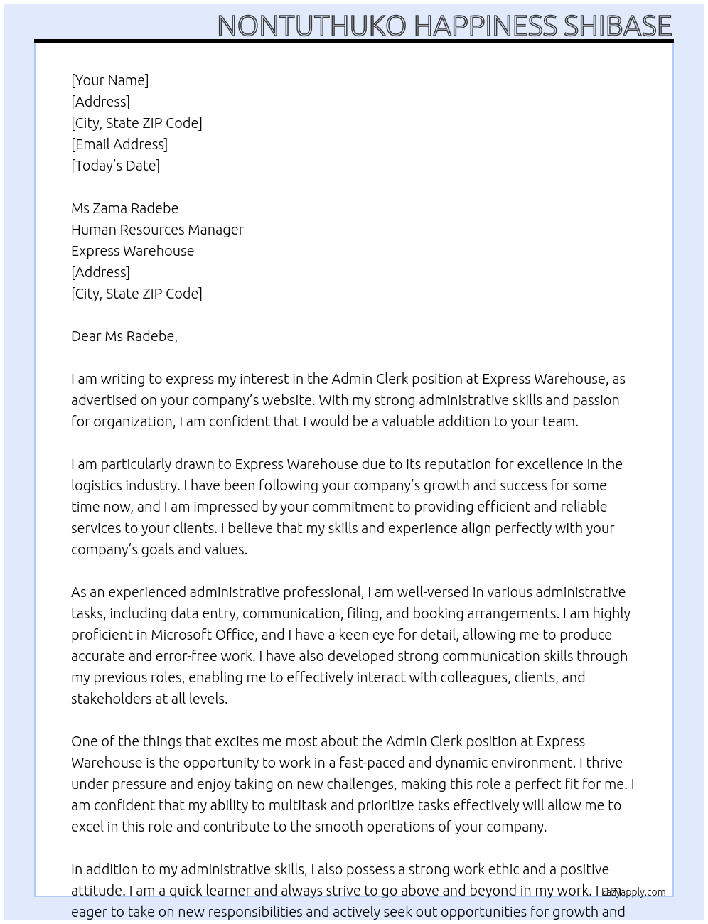 Admin Clerk At Express warehouse Cover Letter