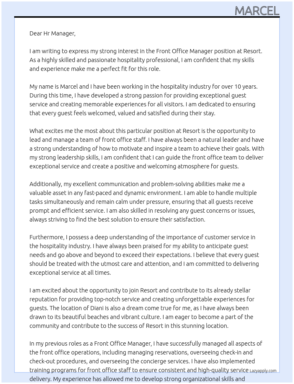 Front office Manager At Resort Cover Letter