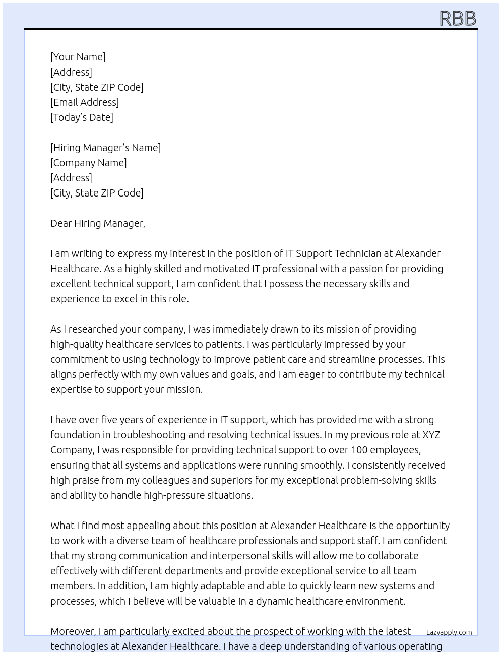 IT Support TEchnician At Alexander healthcare Cover Letter