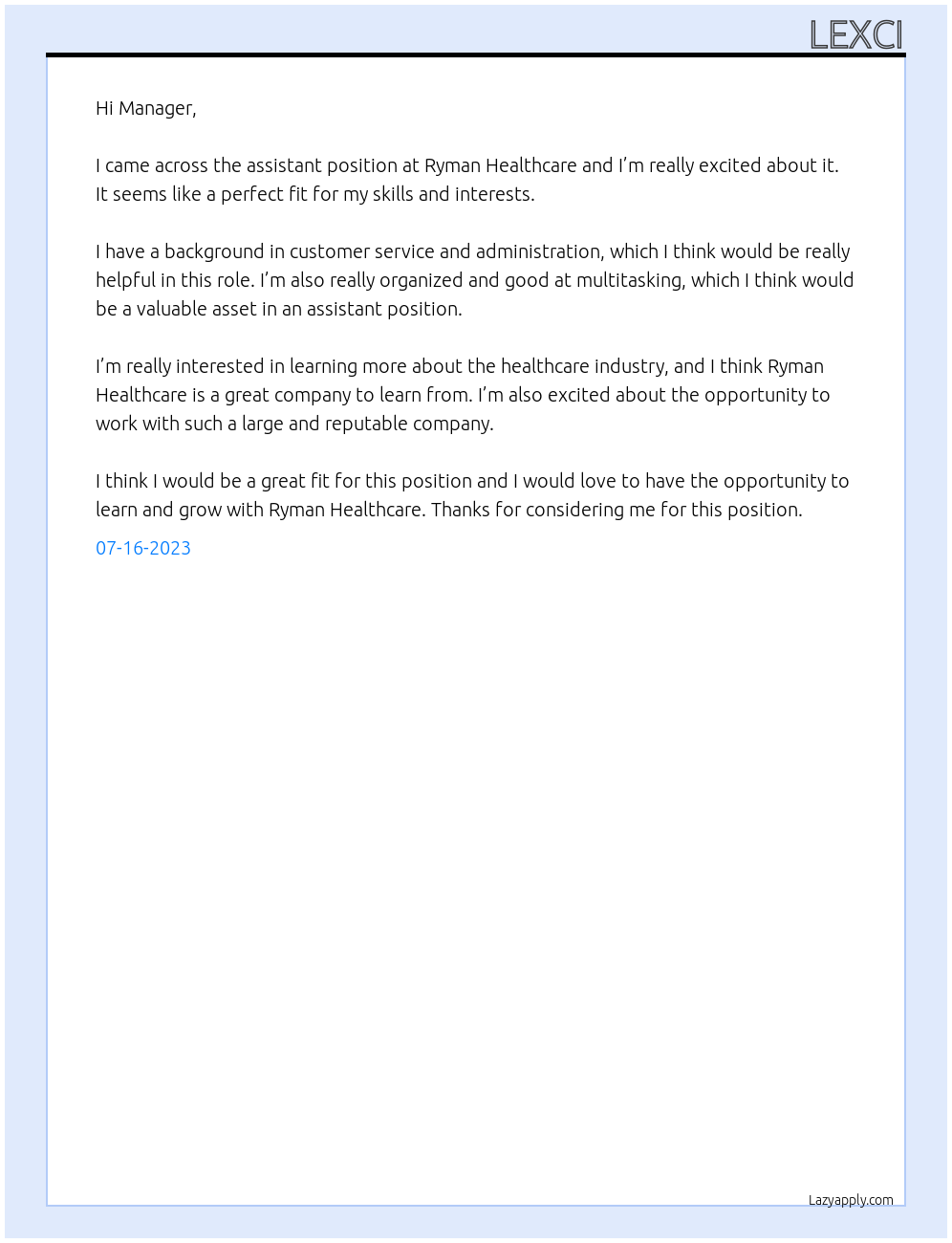 Assistant  At Ryman Healthcare Cover Letter