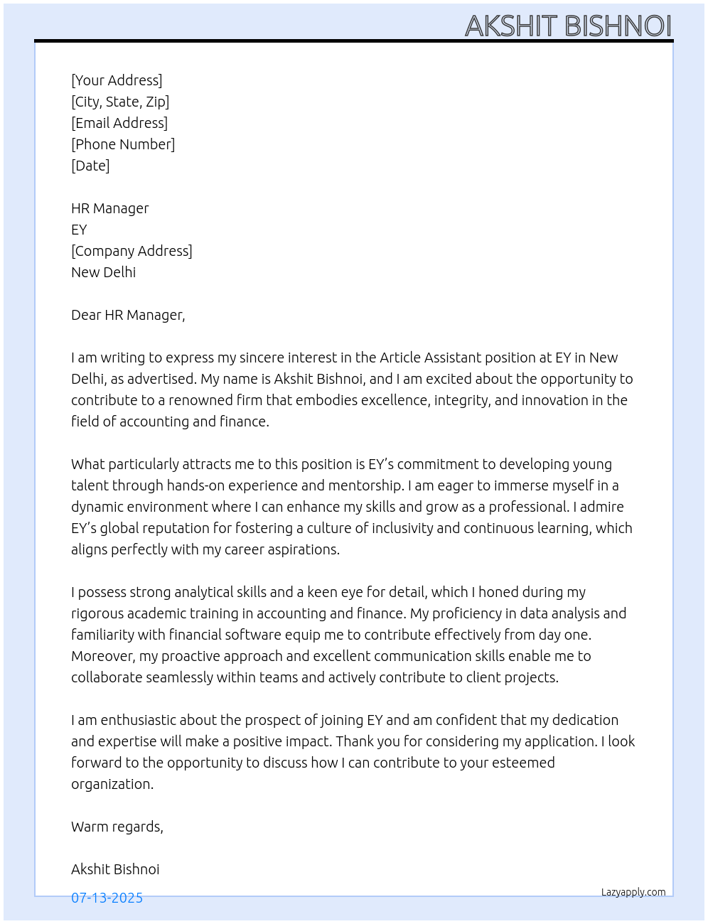 Article assistant At EY Cover Letter