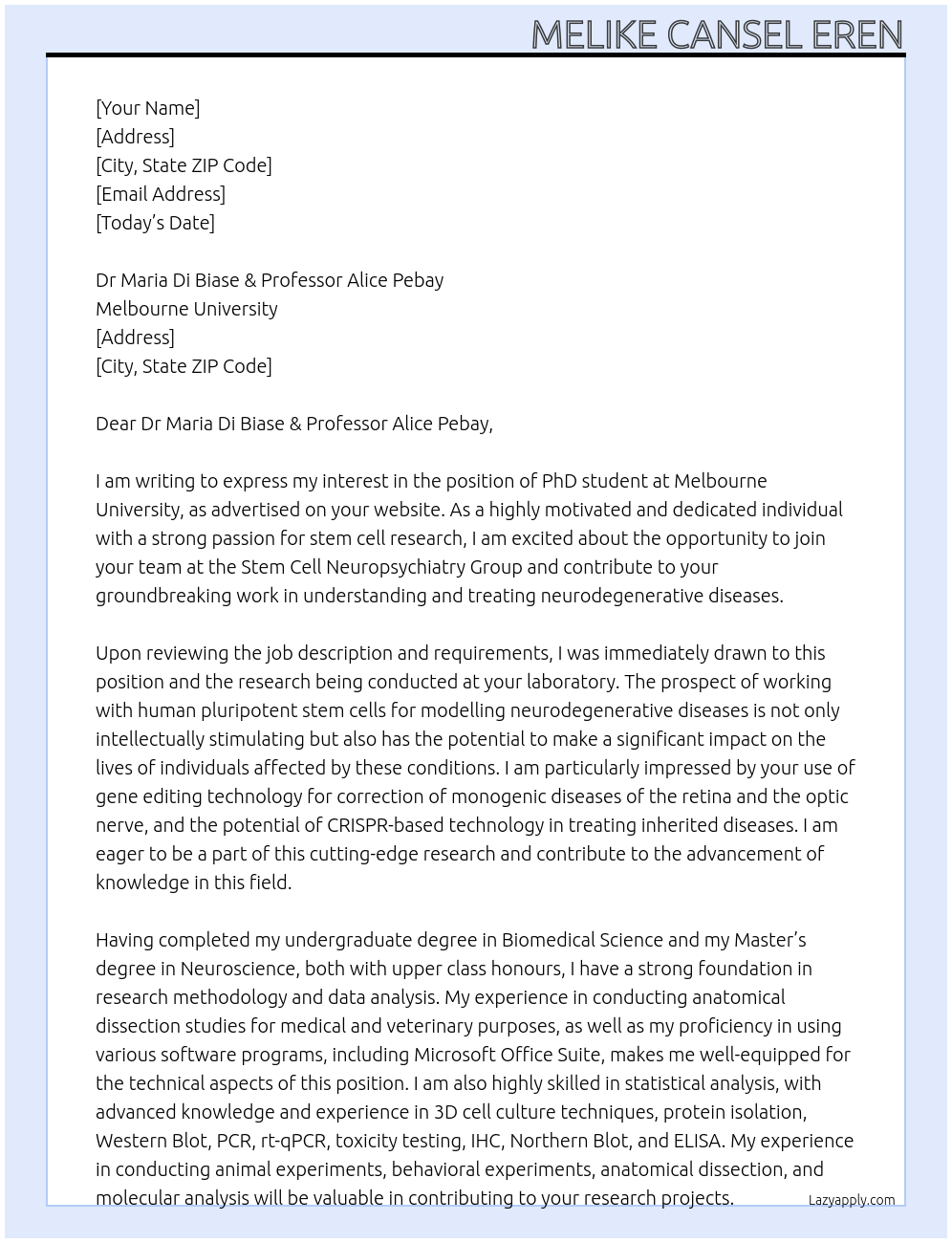 PhD Student  At Melbourne University Cover Letter