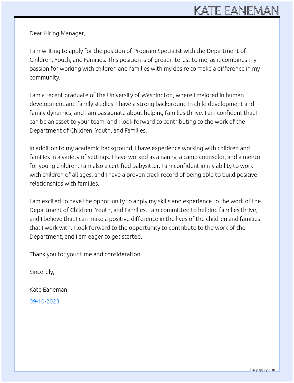 Program Specialist At Department of Children, Youth, and Families Cover Letter