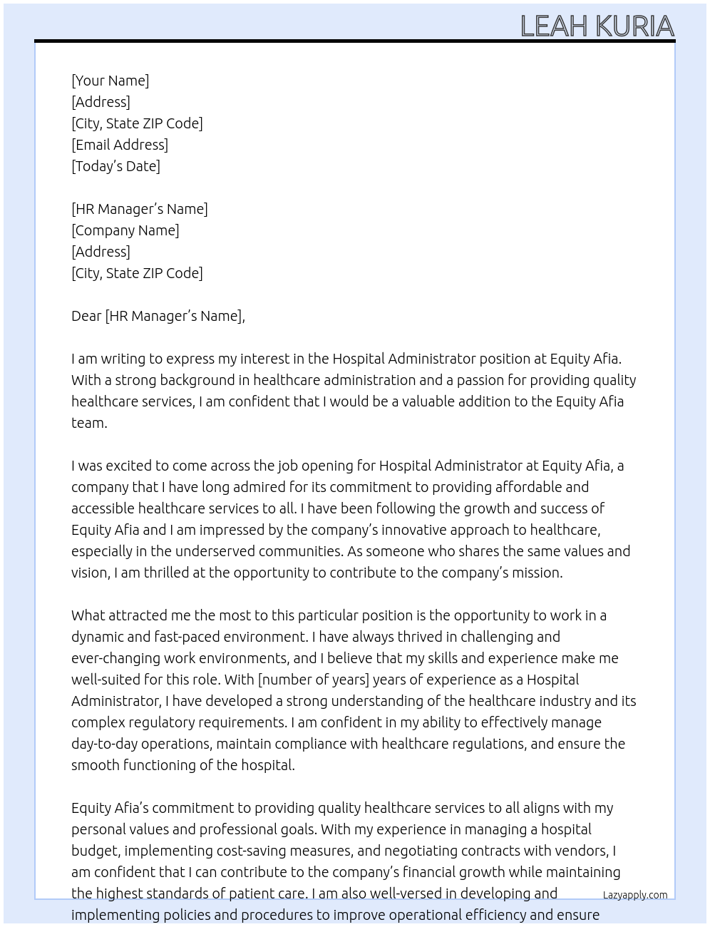 Hospital administrator  At Equity Afia Cover Letter
