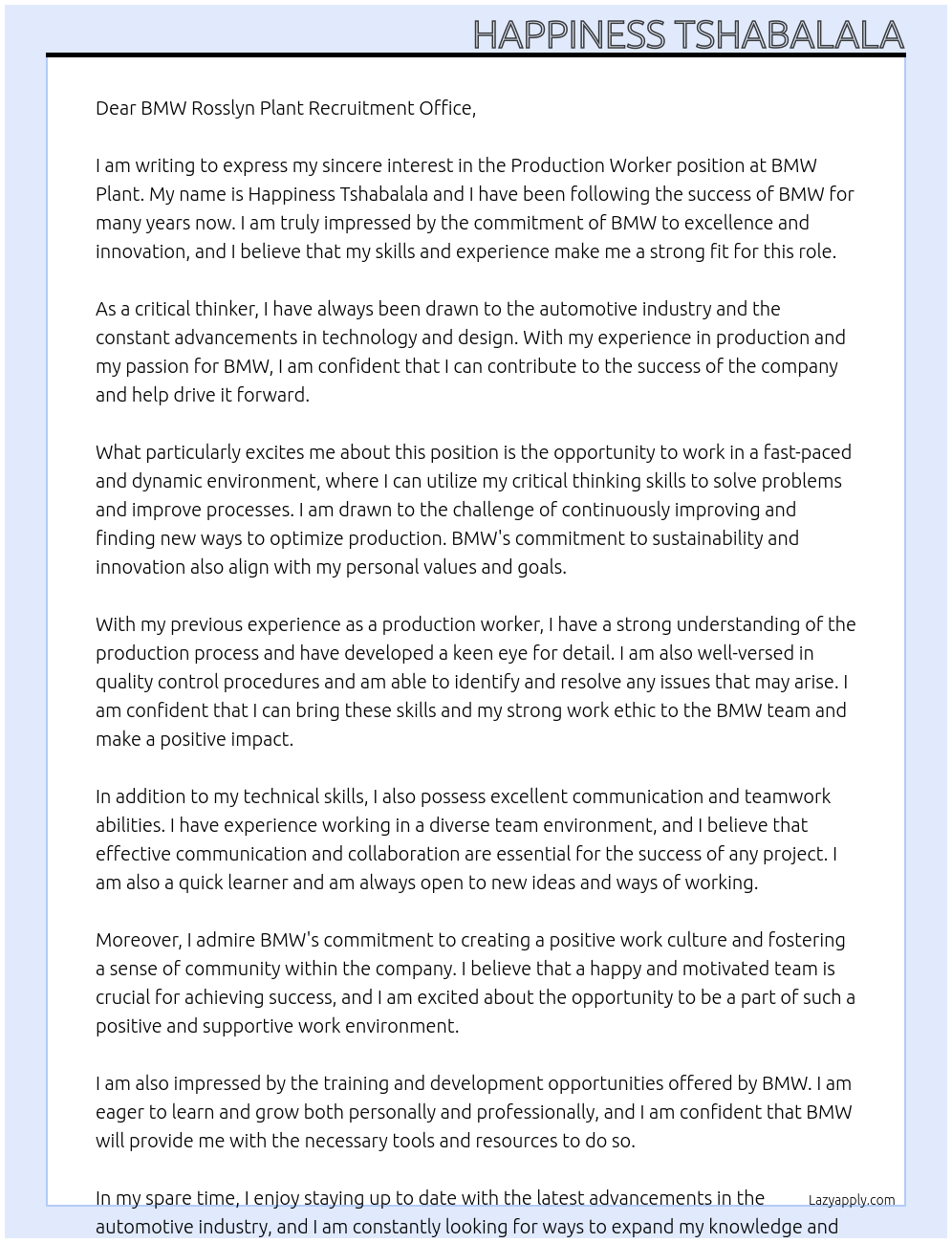 Production Worker At BMW Plant Cover Letter